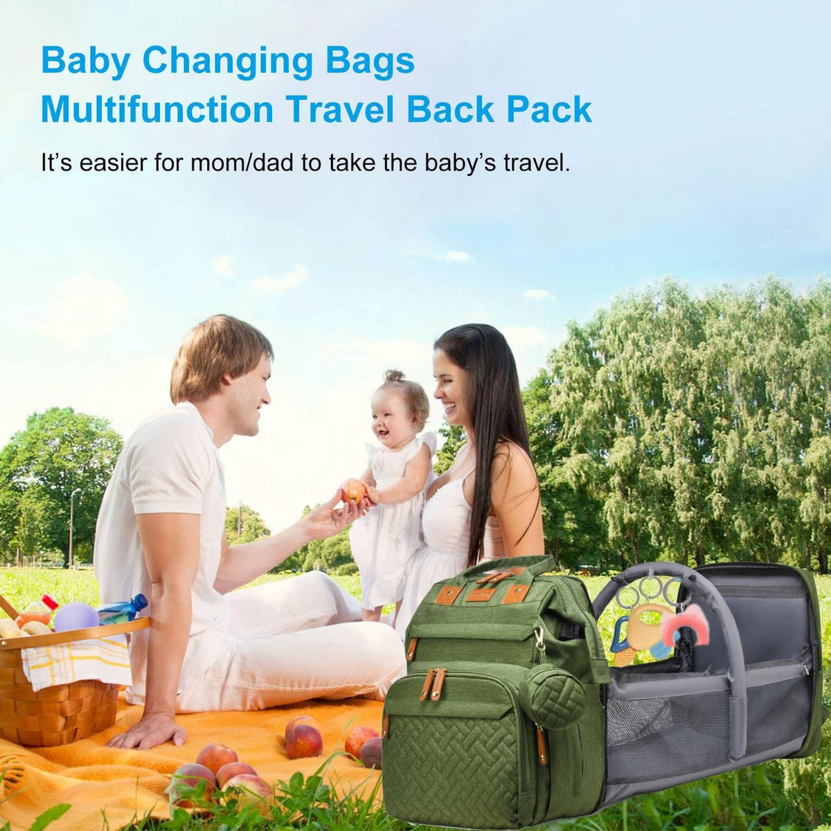 Army green diaper bag open to reveal changing station, front organizer pockets