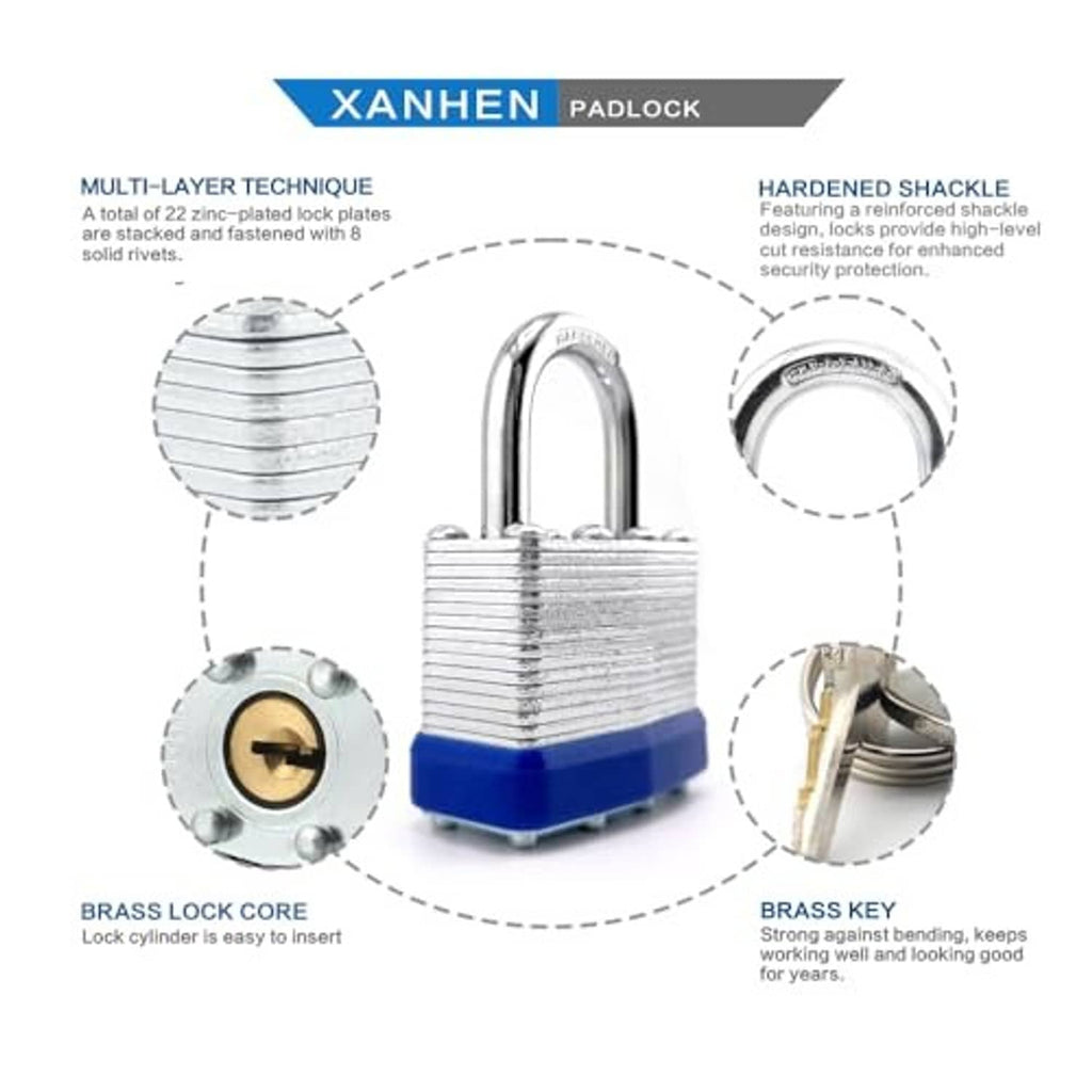 Padlock parts diagram: hardened shackle, layered plates, brass core, key
