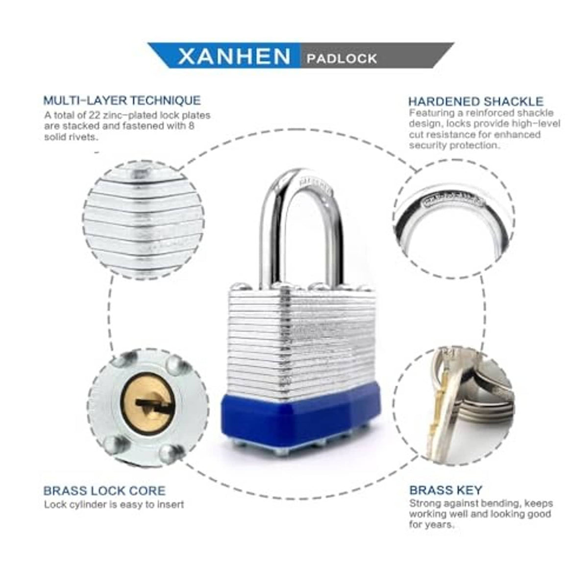 Padlock parts diagram: hardened shackle, layered plates, brass core, key