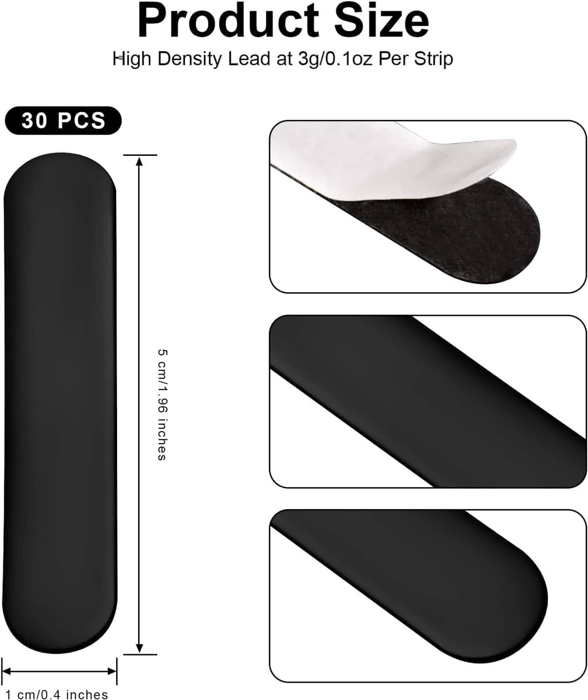 Single black lead tape strip with size proportions shown for 3g weight per strip.