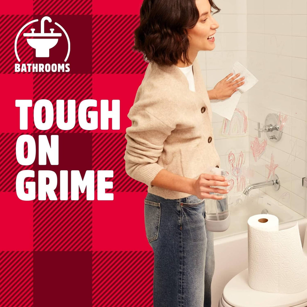 Brawny 3-ply paper towel promo with person wiping a bathroom sink