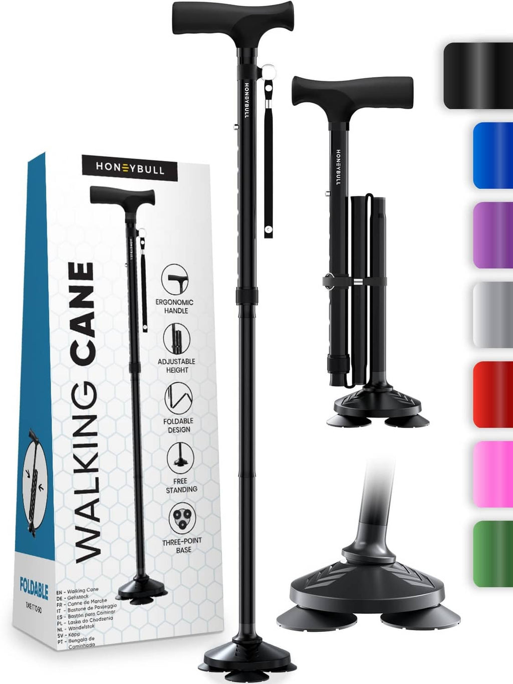 Foldable black walking cane with ergonomic handles and quad support base