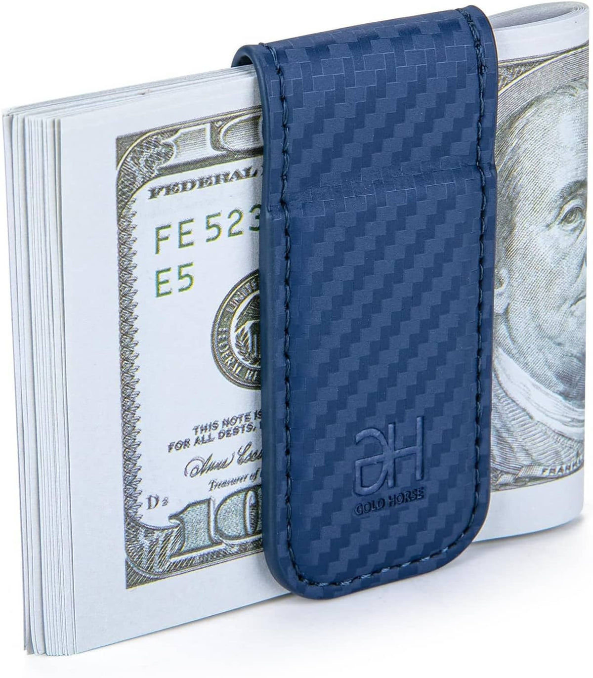 Blue leather card holder with magnetic closure, holding a few bills in a front pocket