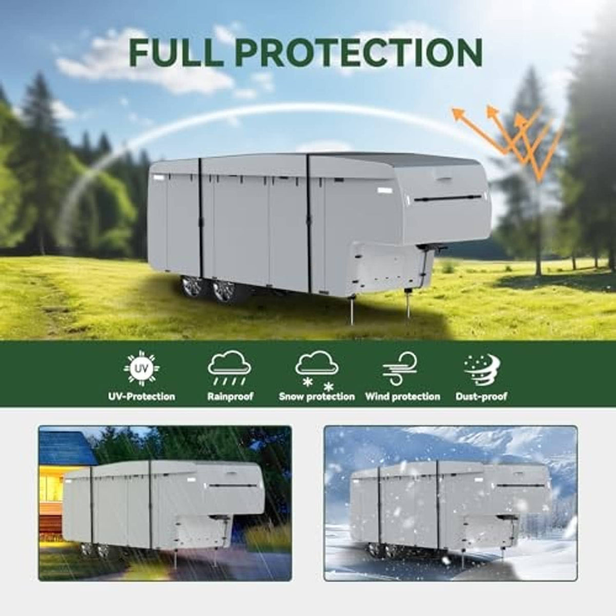 5th wheel RV cover fitted over a camper, with full-protection graphic callouts