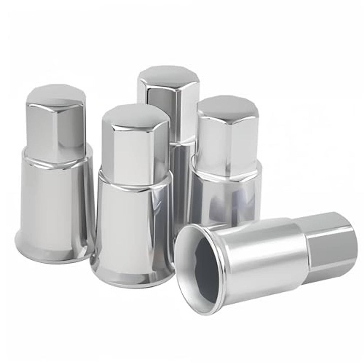 Five silver chrome tire valve stem caps with hex tops; one cap lies on side