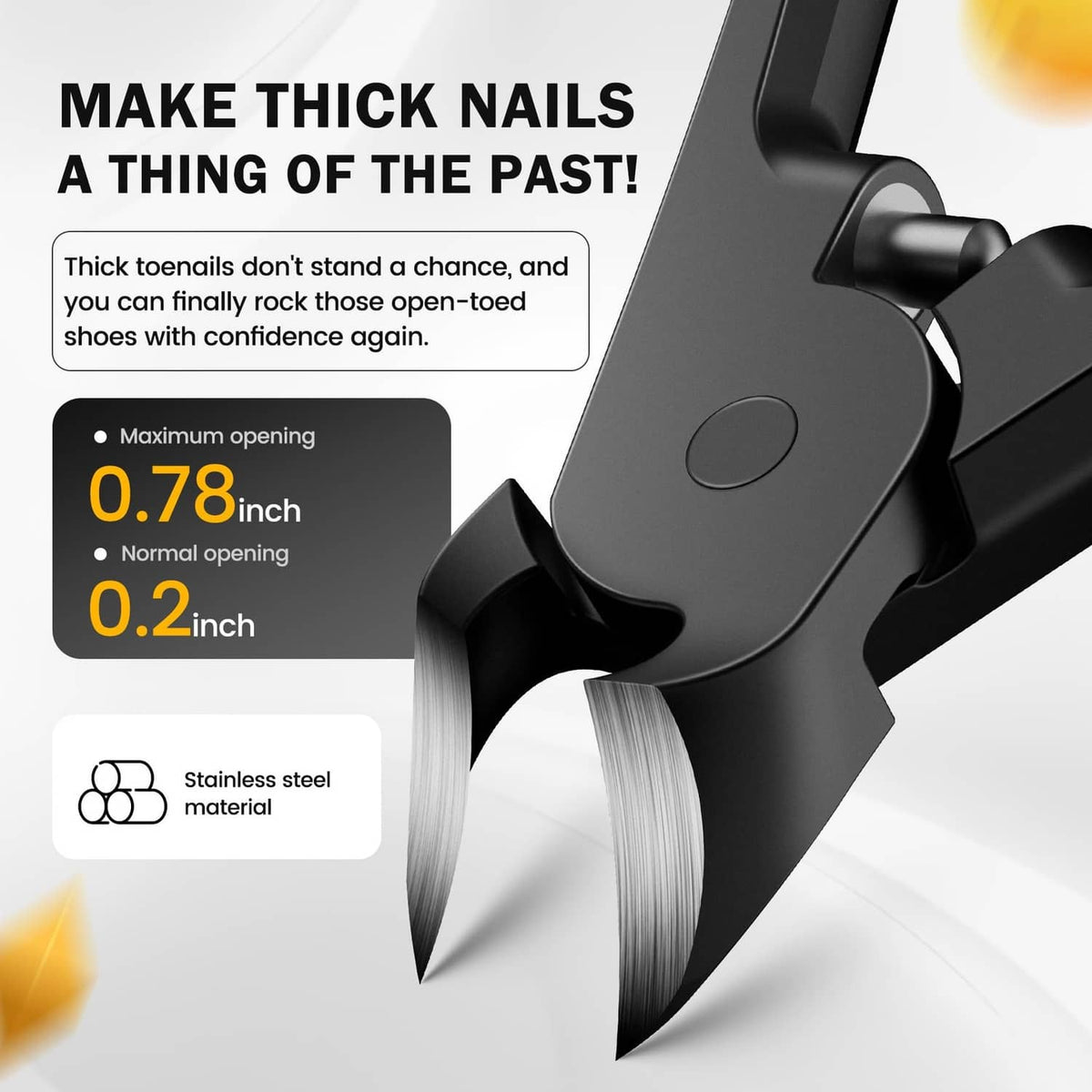 Black thick toe nail clippers with large opening curved blades and rebound spring