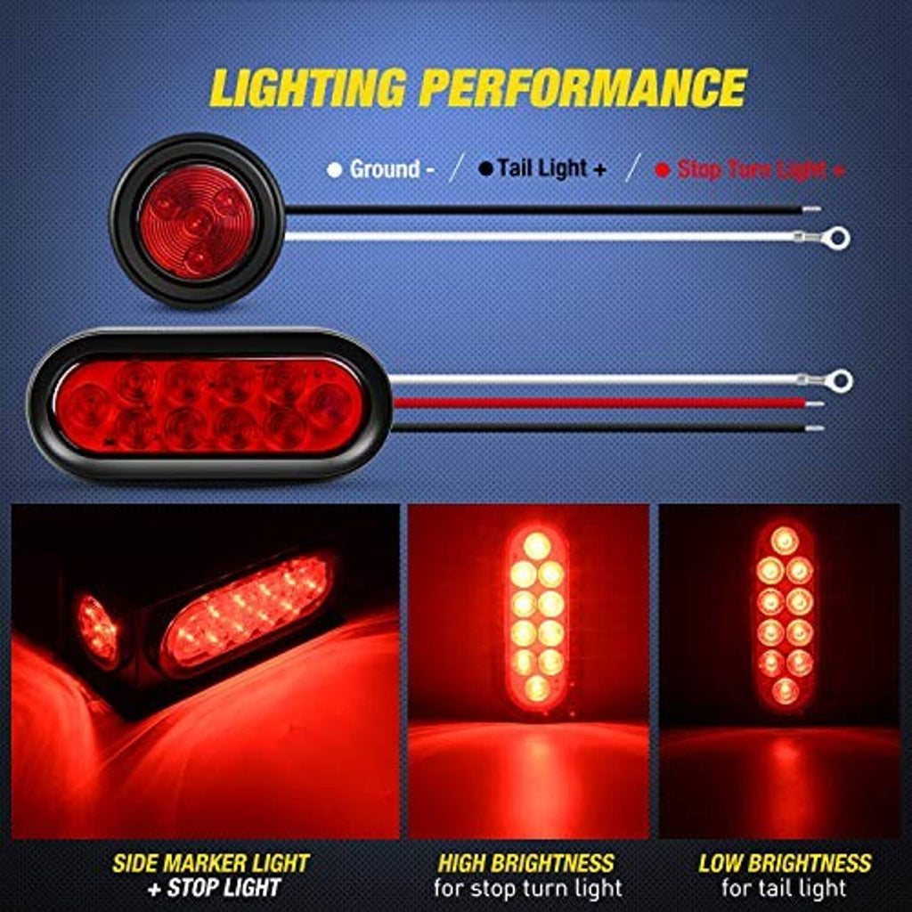 Red LED oval bar and round marker light showing different brightness states, black housing