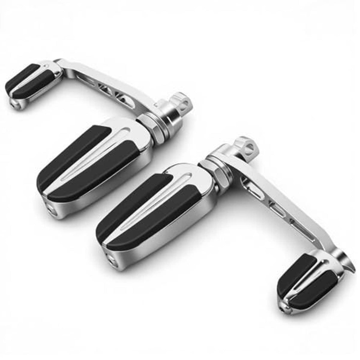 Two motorcycle highway foot pegs with black rubber inserts and silver protective frames