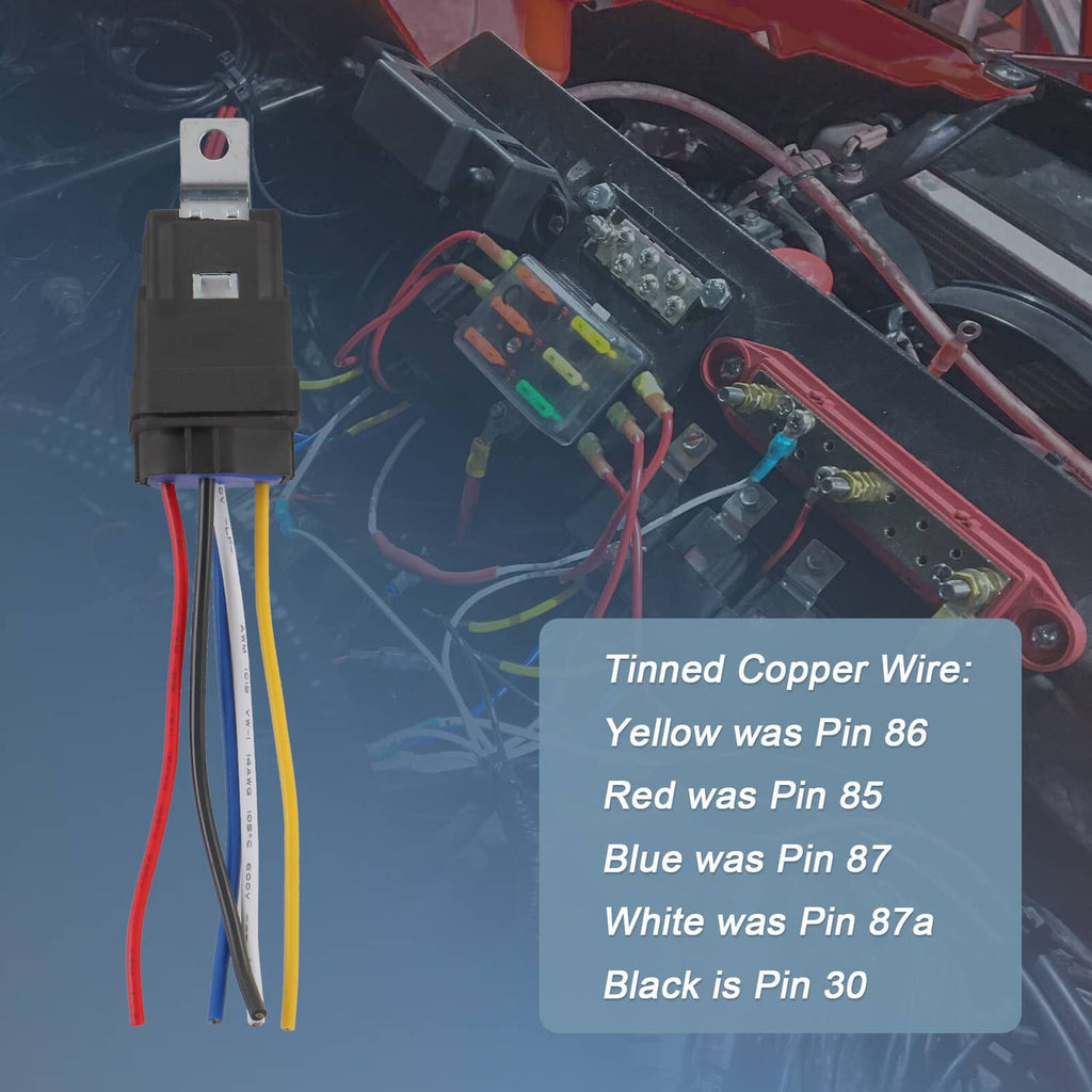 Relay harness with black connector and tinned copper wires in yellow, red, blue, white