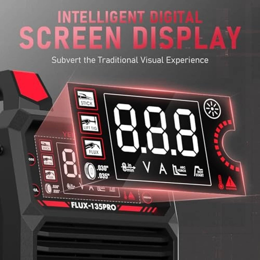 Welder digital screen display with mode indicators and voltage/amperage readout