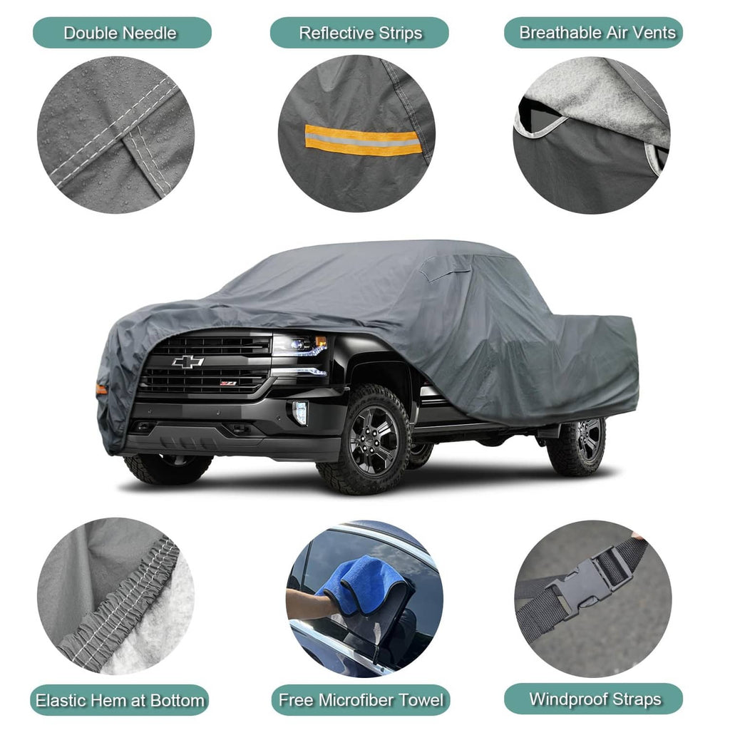 Gray truck cover with double-stitched seams, reflective strips and breathable air vents