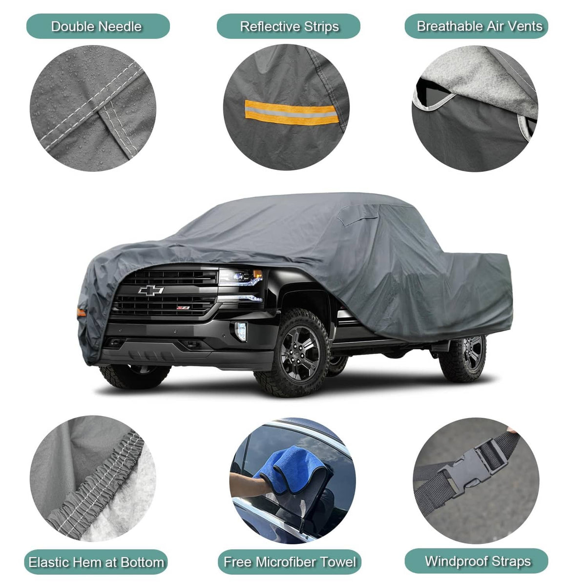 Gray truck cover with double-stitched seams, reflective strips and breathable air vents