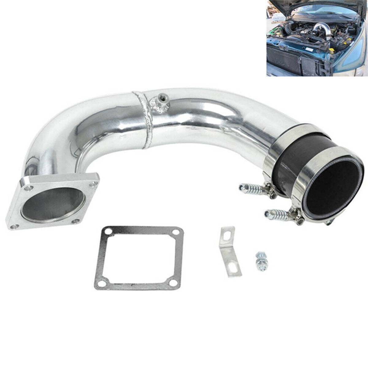 Air intake elbow charge pipe kit with mounting flanges, black coupler sleeve, and gasket