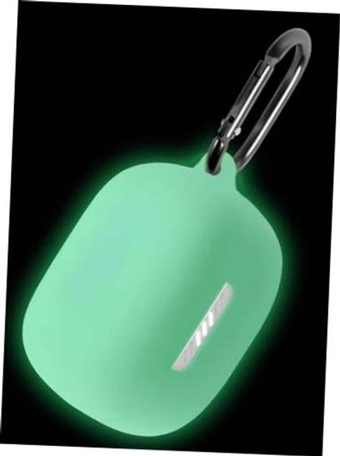Luminous green silicone earbud case with attached metal keyring loop