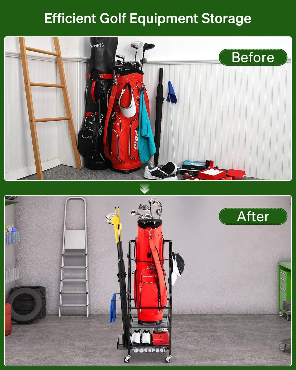 Golf bag storage rack before-and-after view with red bag on black wire shelves