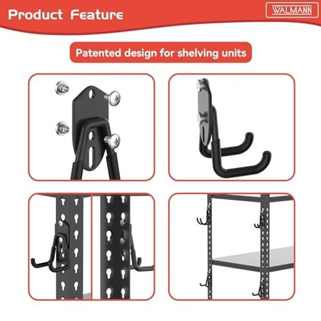 Black wall-mount utility hooks with screw-on hardware and double-curve hangers