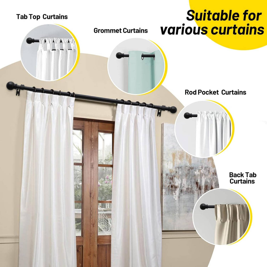 Matte black curtain rod with ball finials for tab-top, grommet, and back-tab curtains