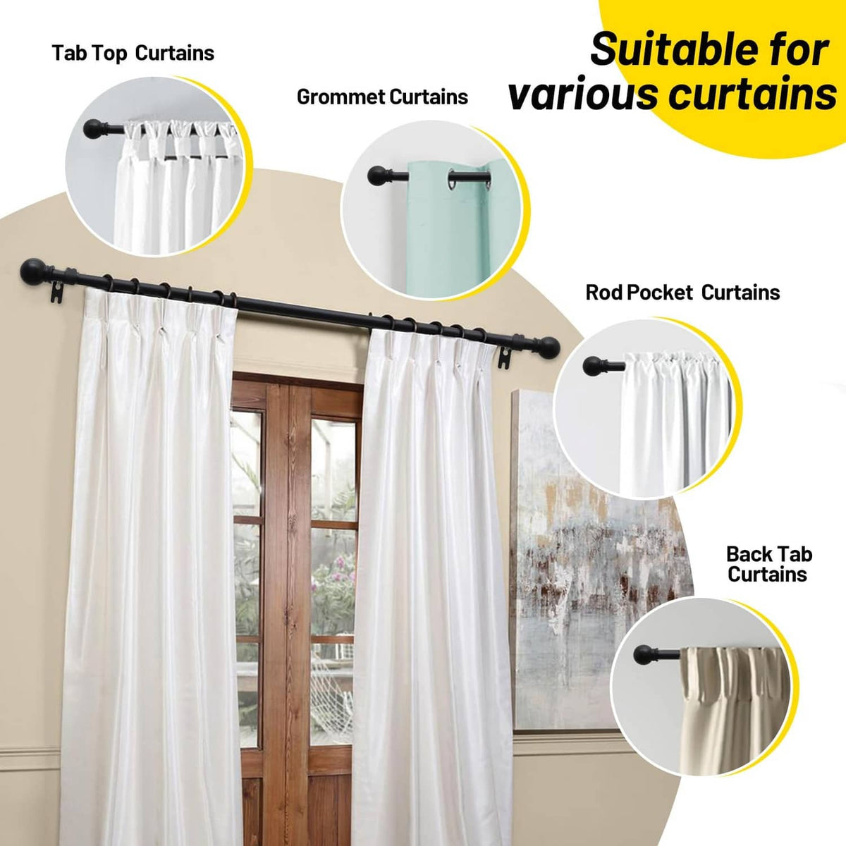 Matte black curtain rod with ball finials for tab-top, grommet, and back-tab curtains