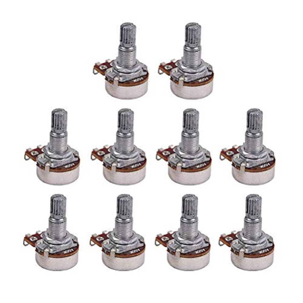 Top view of 10-pack potentiometers showing knurled shafts and round metal housings