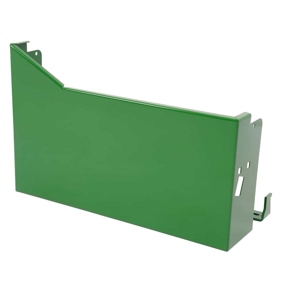 Green metal battery box panel with mounting holes and side bracket tabs
