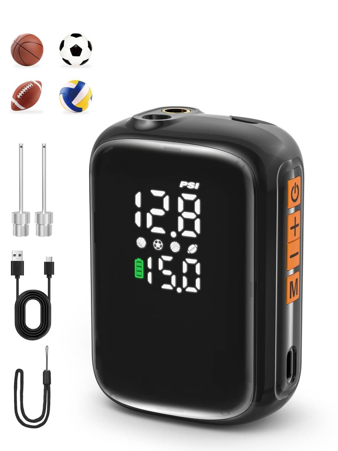 Black electric mini ball pump with digital PSI display and included needles