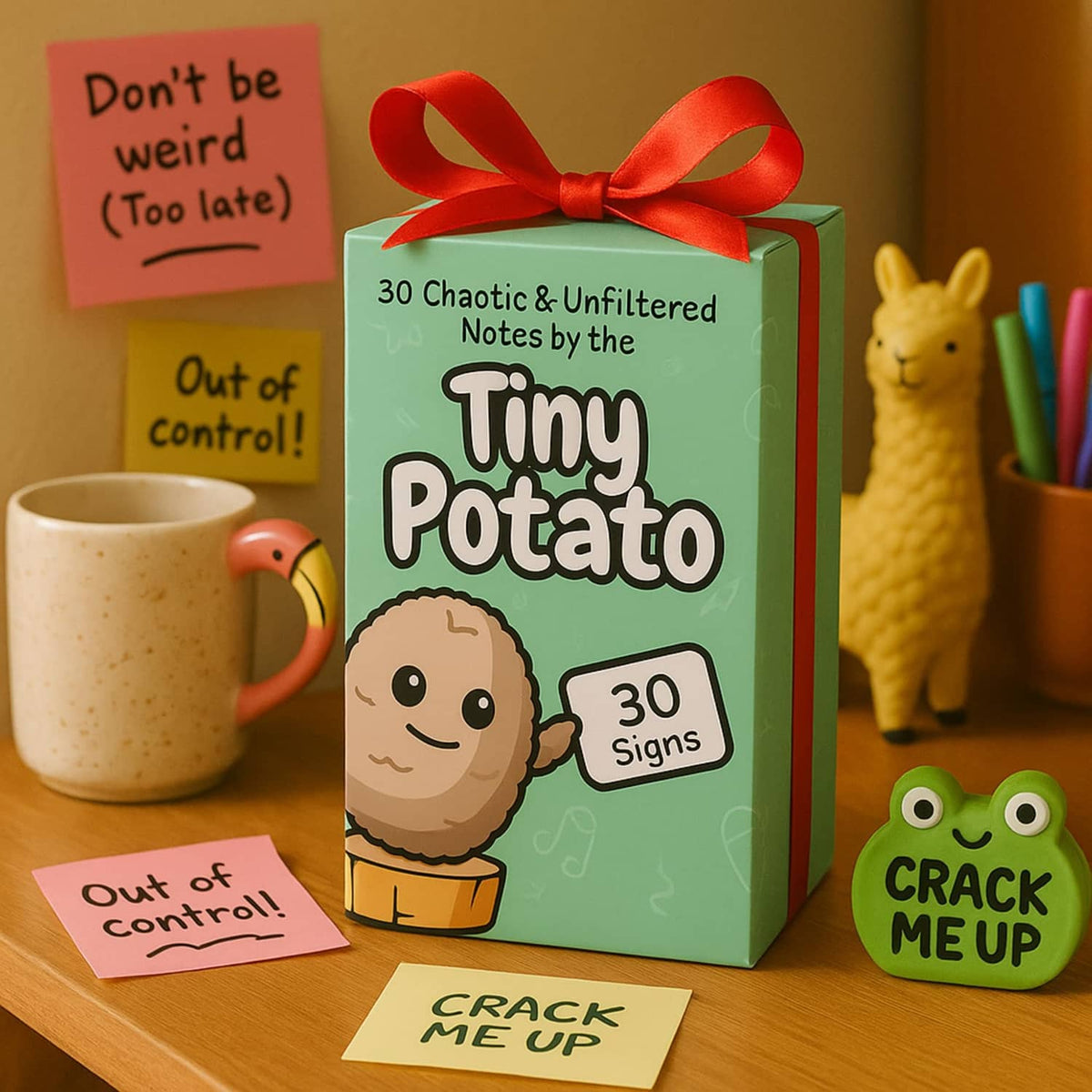 Gift box with red ribbon featuring a crochet potato character and 30 signs
