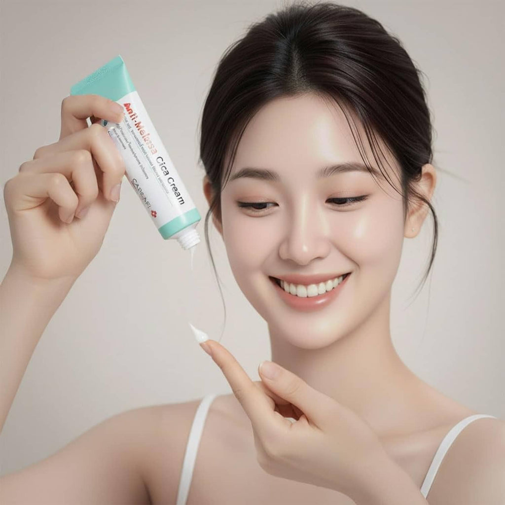 Anti-melasma face cream tube held while applying cream near mouth