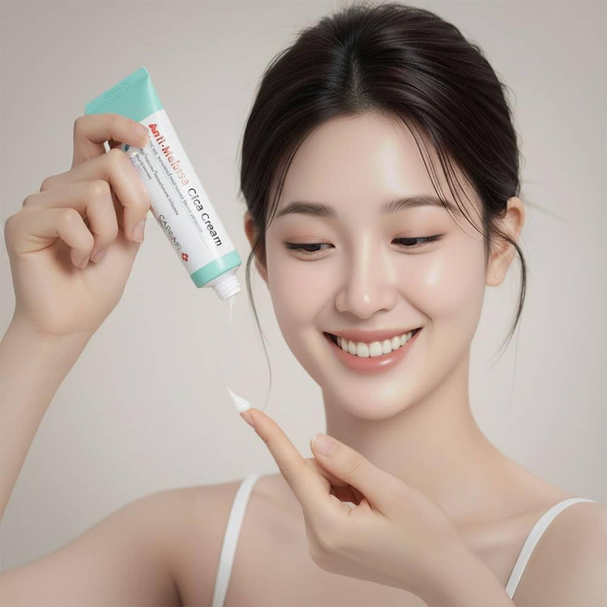 Anti-melasma face cream tube held while applying cream near mouth