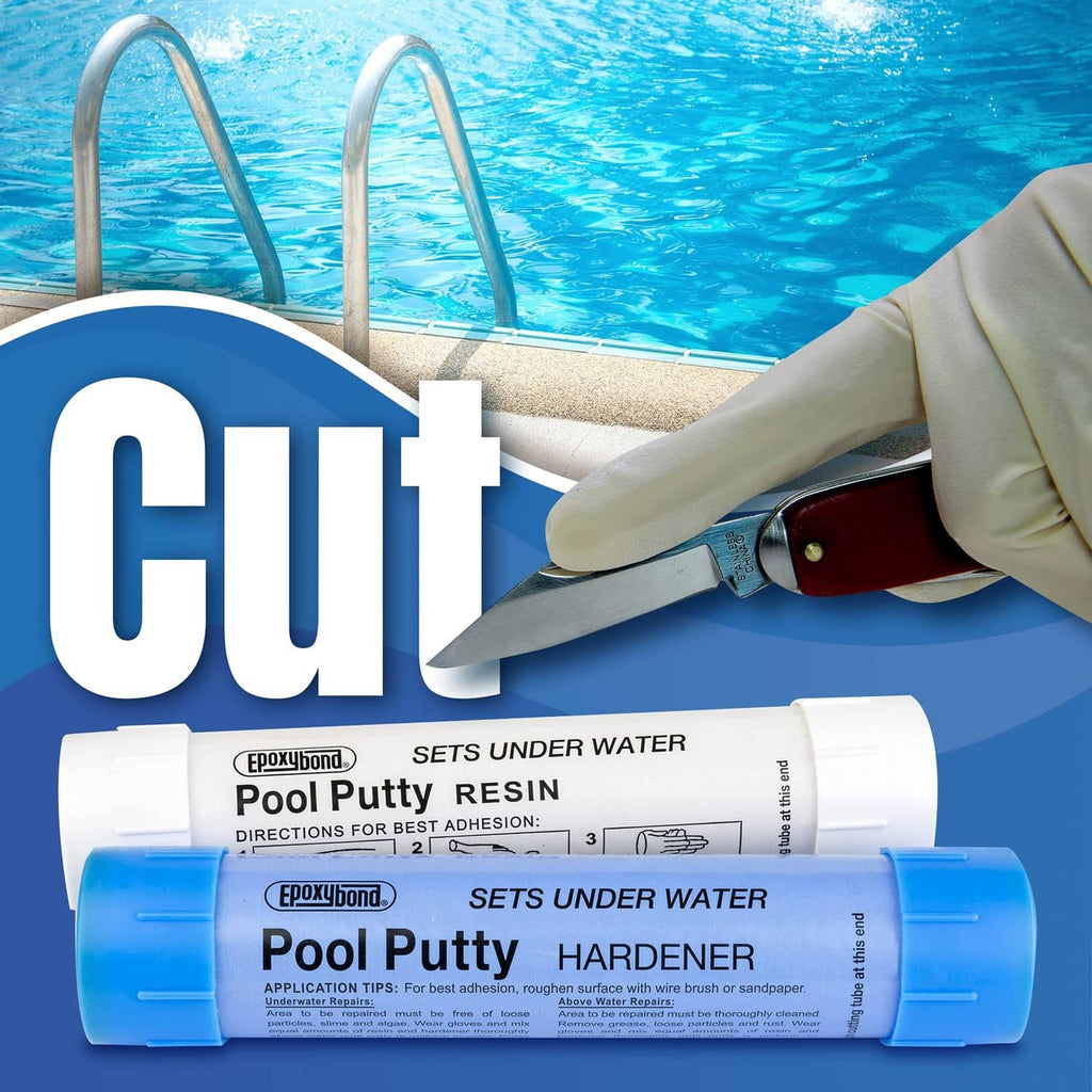 Underwater pool putty resin and hardener tubes with gloved hand applying