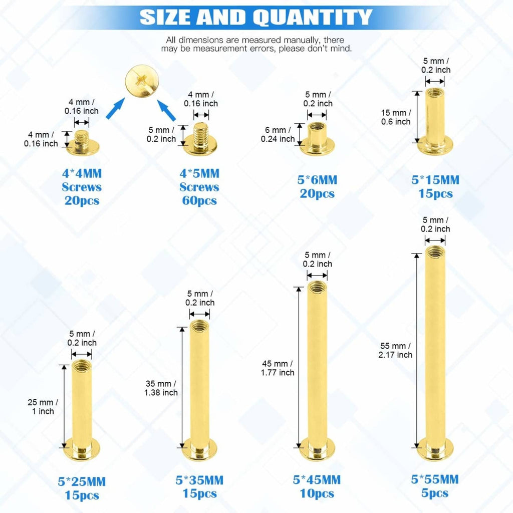 Size diagram for brass-plated Chicago screws, showing M5 post lengths