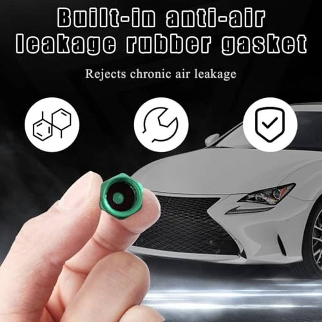 Hand holding green tire valve cap with rubber gasket, anti-leak protection