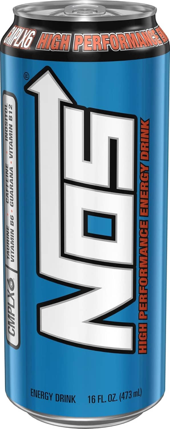 Blue energy drink can with CMPX6 logo and high performance energy drink text