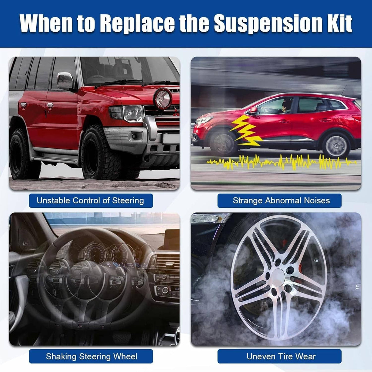 Suspension issue warning collage with control arm kit graphic and vehicle symptoms