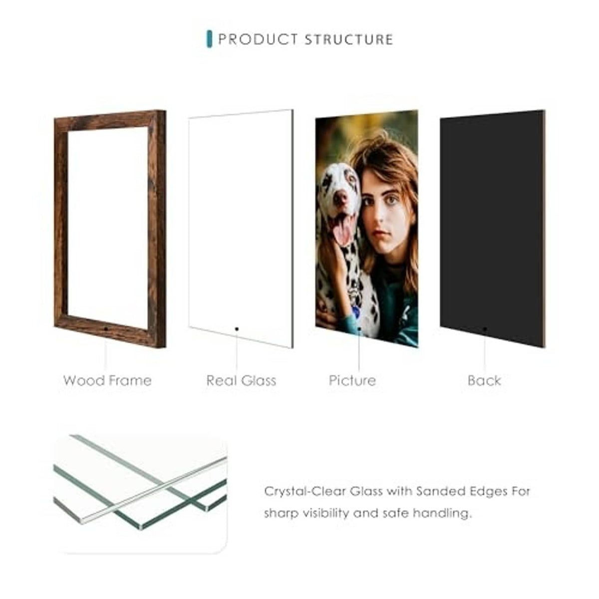 Brown wood photo frame set with real glass front and back components for 4x6 photos