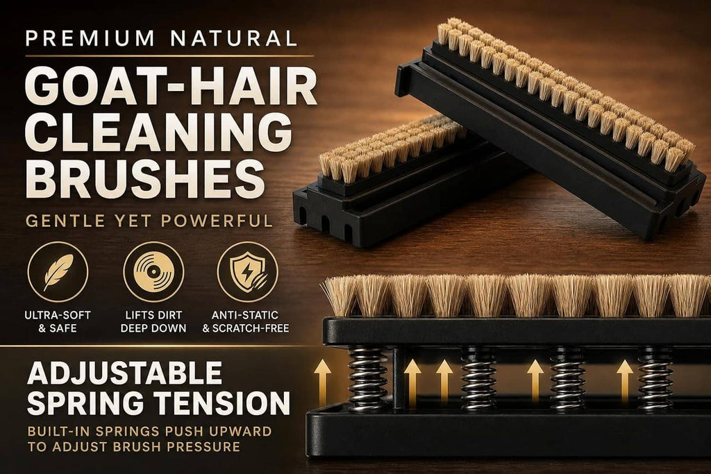 Vinyl record cleaning brushes set with adjustable spring pressure base