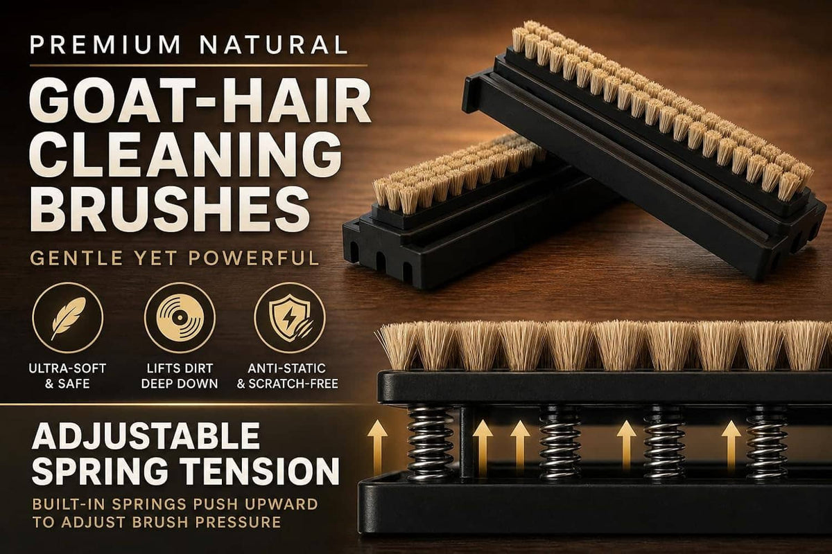 Vinyl record cleaning brushes set with adjustable spring pressure base