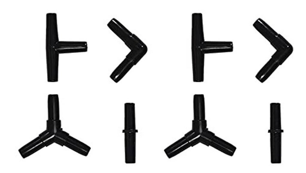 Set of black aquarium airline connectors, including 4-way and angled pieces