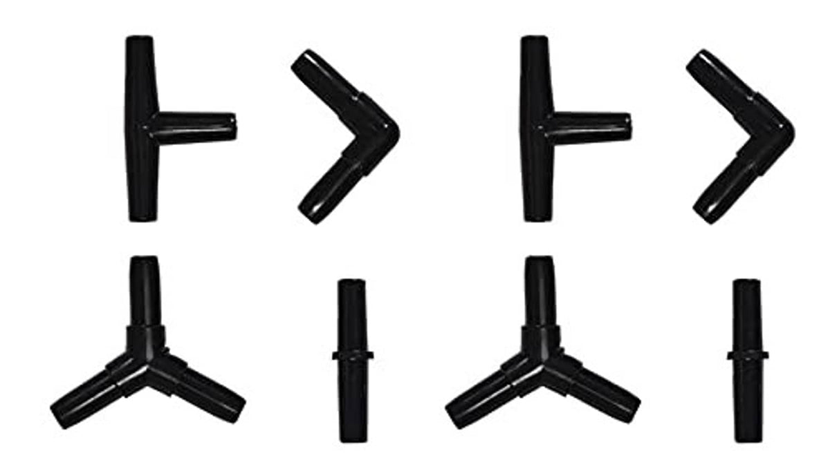 Set of black aquarium airline connectors, including 4-way and angled pieces