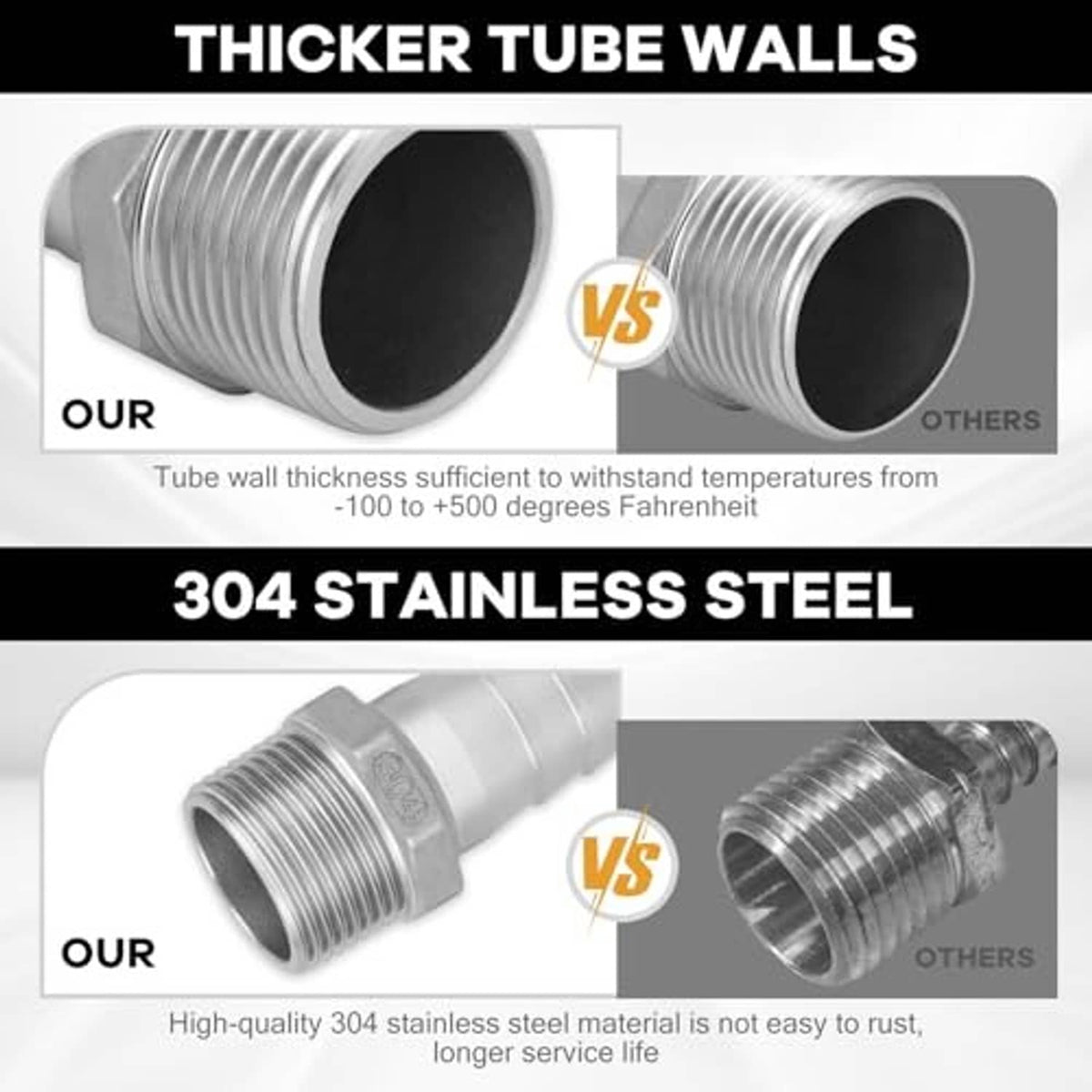 304 stainless steel hose barb fitting, close-up of threaded connection and smooth bore