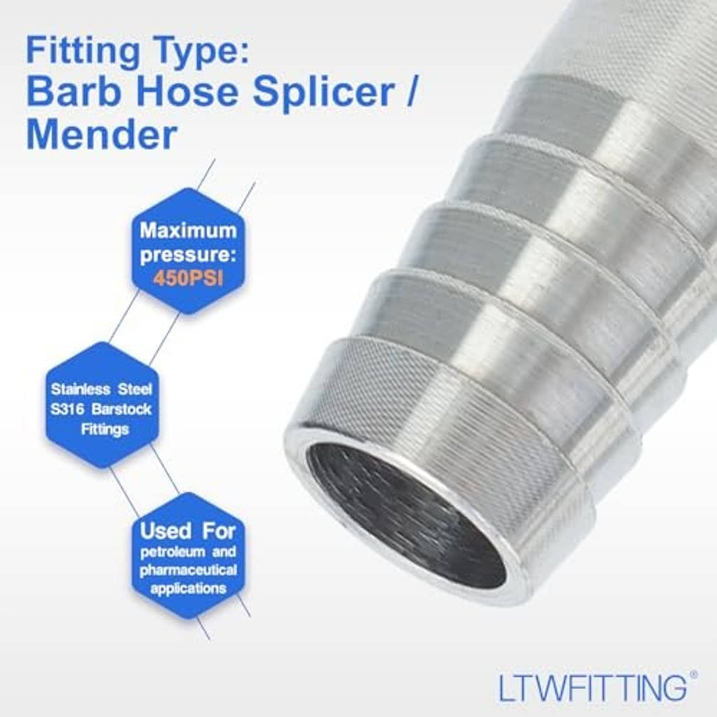 Barb hose splicer mender fitting with grooved stainless steel collar, 5/8 in