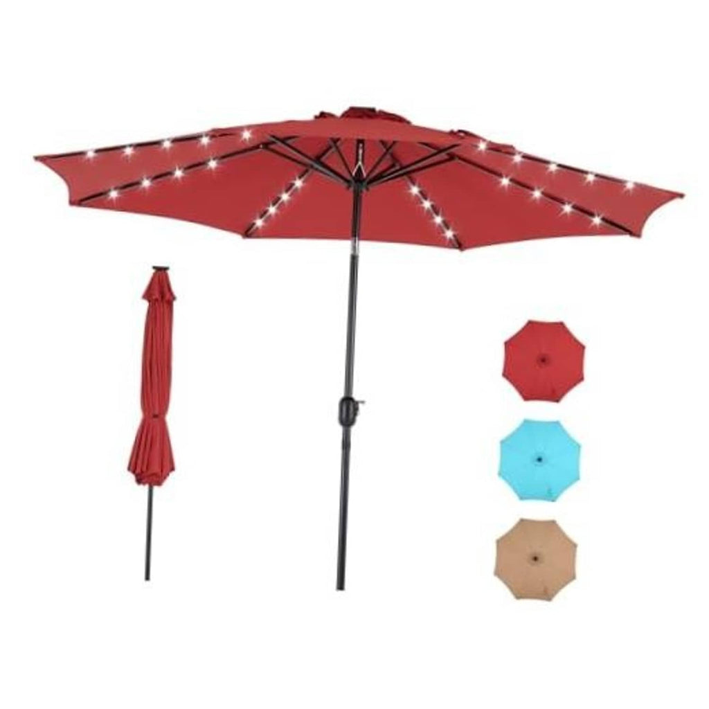 Crimson 3-tier patio umbrella with LED string lights and matching side shade cover