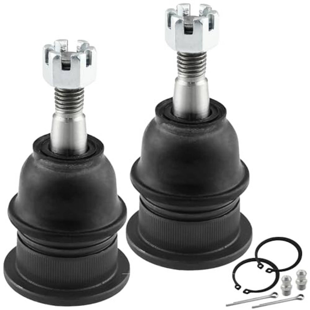 Pair of front upper ball joints with black rubber boots, metal studs, and hardware
