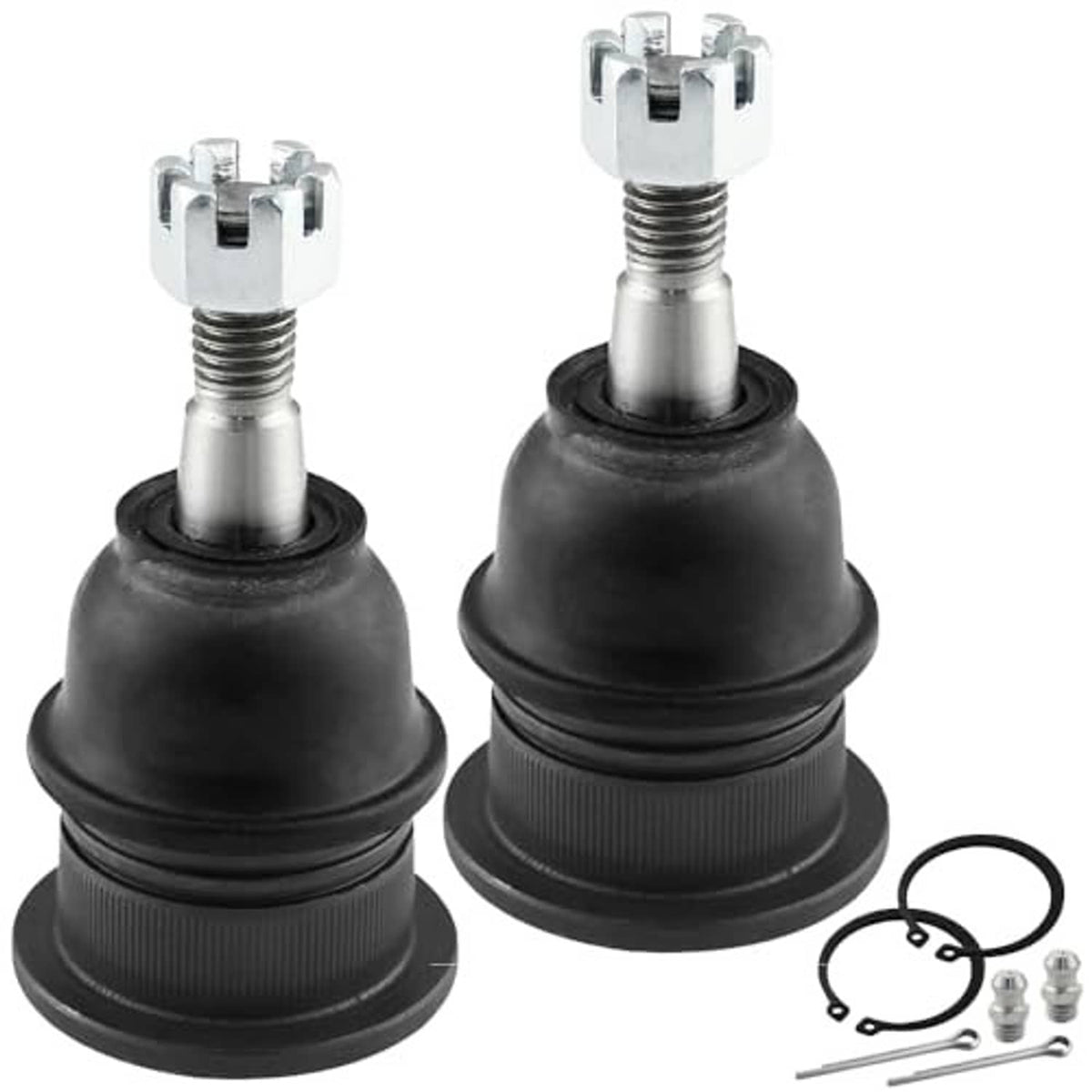 Pair of front upper ball joints with black rubber boots, metal studs, and hardware