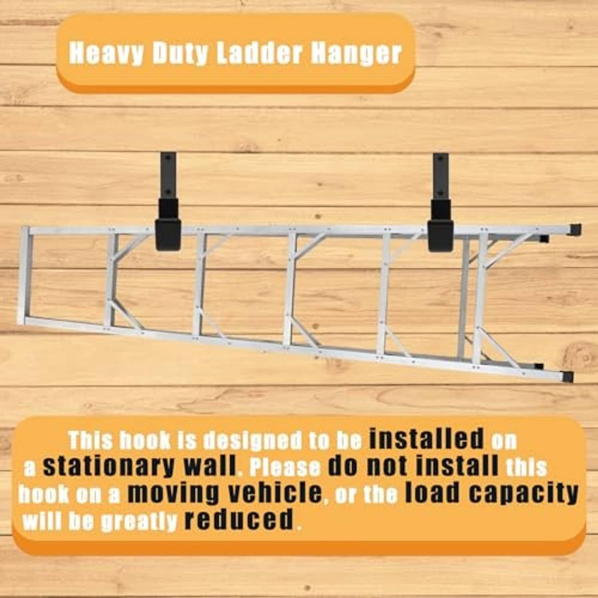 Heavy-duty black wall ladder hanger with two mounting posts and soft coated hooks