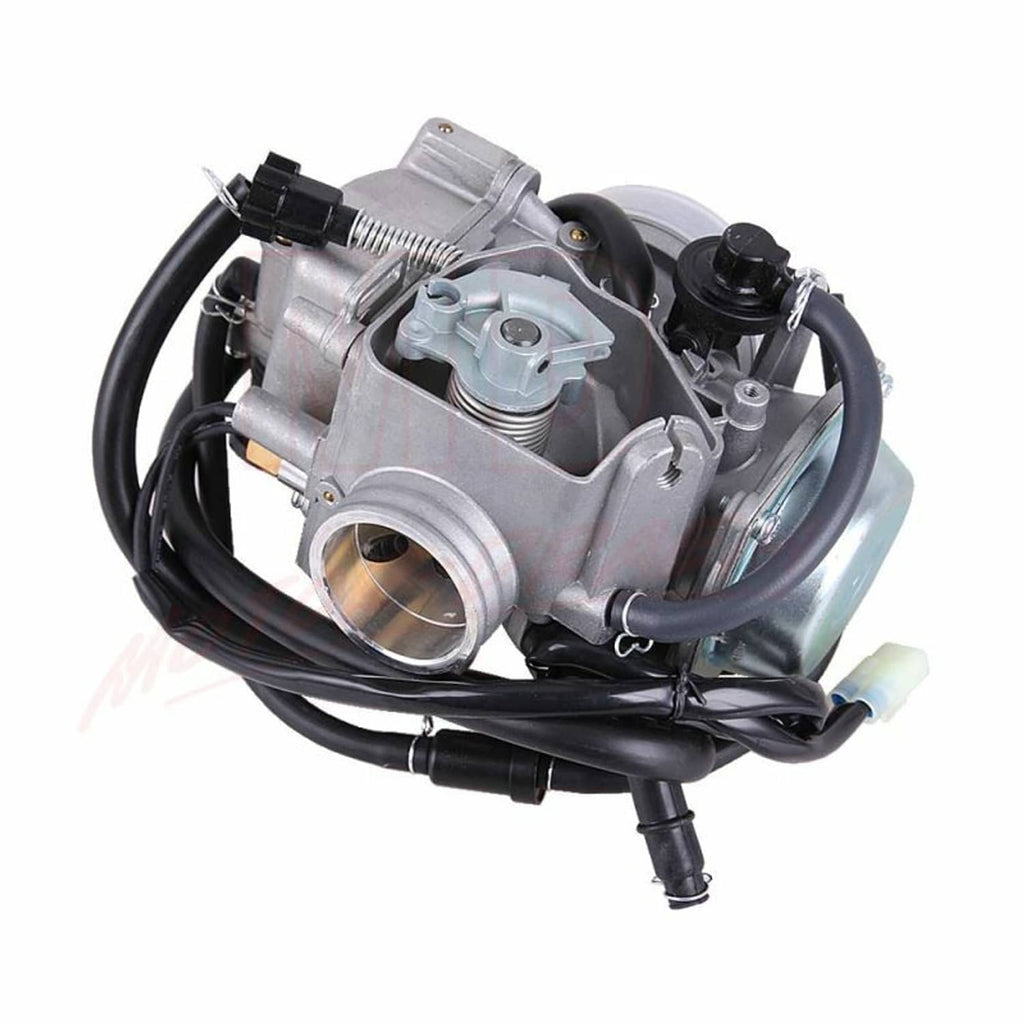 Carburetor assembly angled view with throttle bore and metal linkages