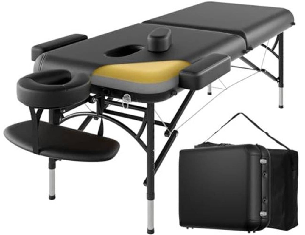 Portable 2-fold massage table with black headrest, yellow head cushion, and carry bag