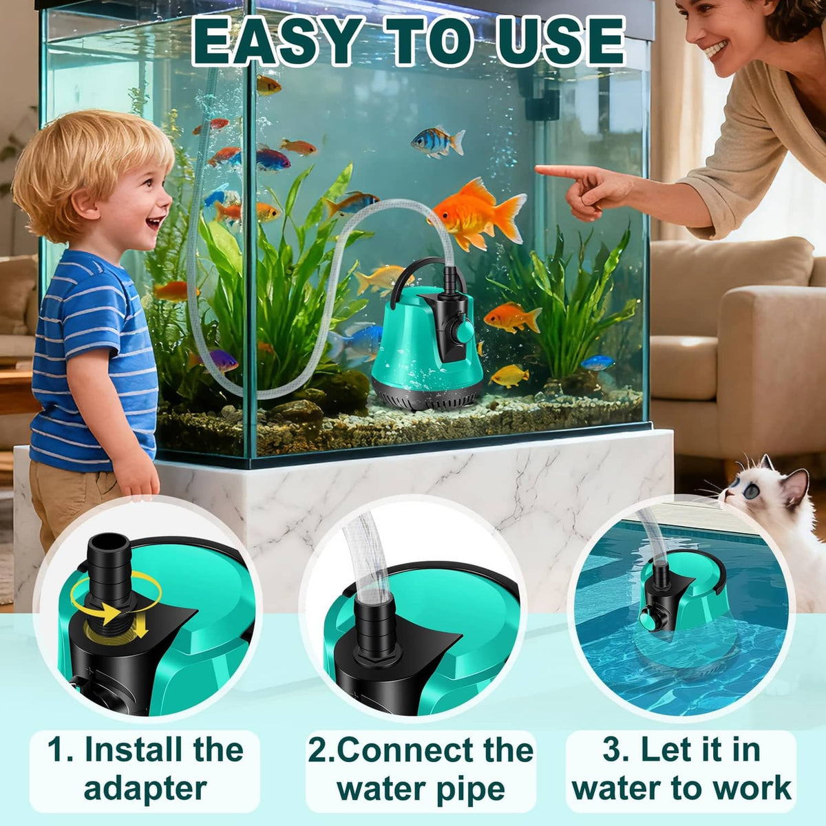 Submersible pump with teal body, black handle, and hose for aquarium use