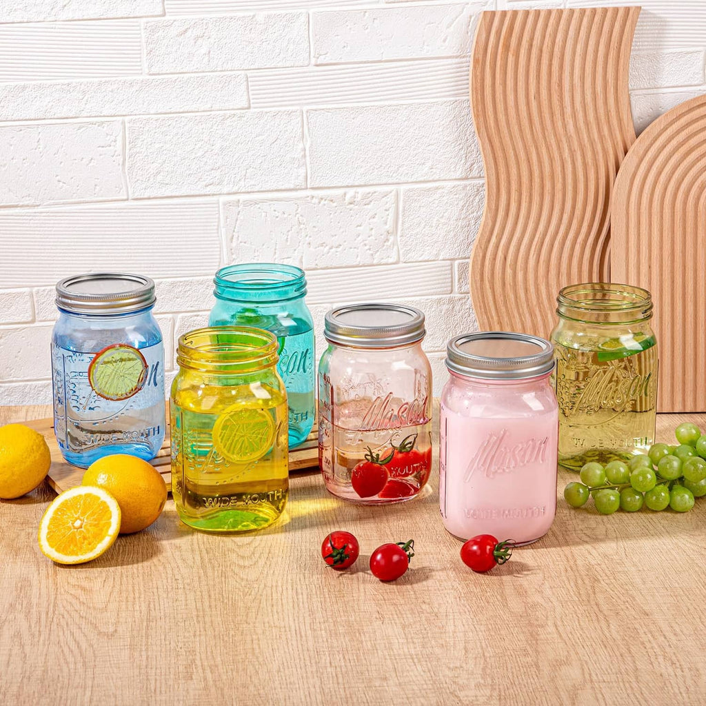 Assorted colored wide-mouth mason jars with metal lids, including blue, green, yellow, and pink.