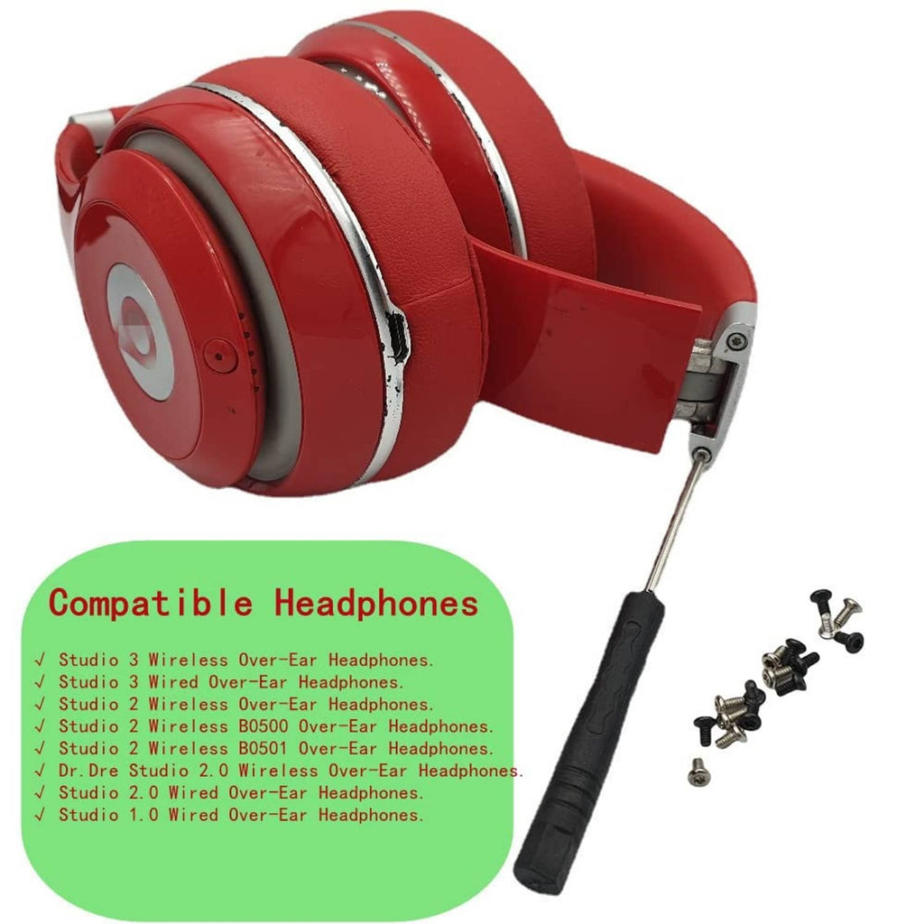 Headband screw set with small silver and black screws and screwdriver tool