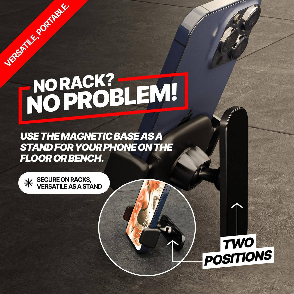 Black magnetic phone holder used as a floor stand for a smartphone.